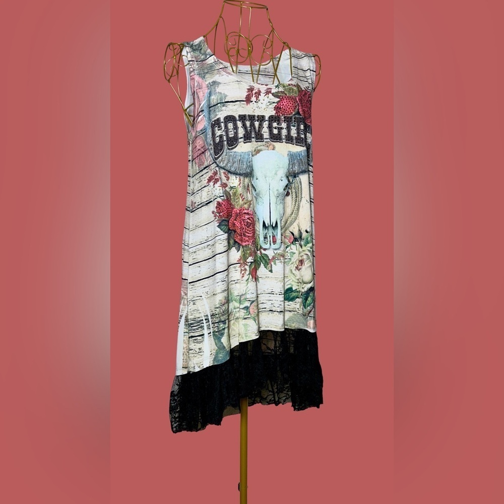 Liberty Wear Cowgirl Dress with Western Print, Sequins, & Lace Netted Hem Medium